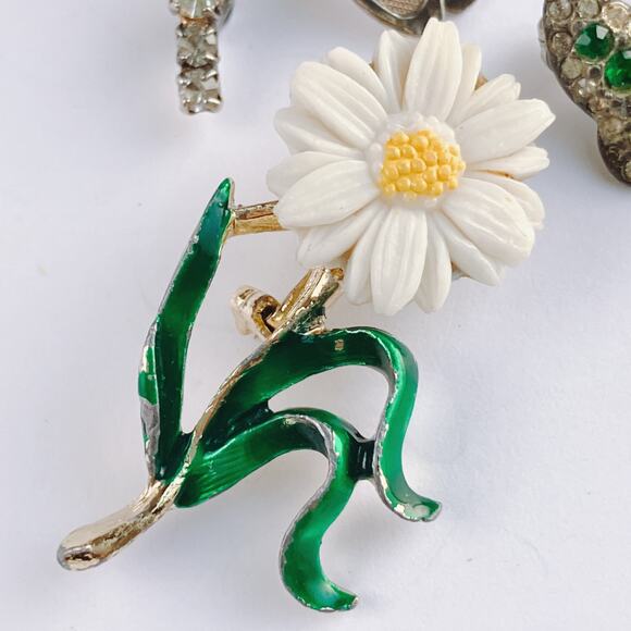 VTG Lot of 3 Mid Century Brooches Rhinestone Enamel Insect Floral Pins - Picture 7 of 16